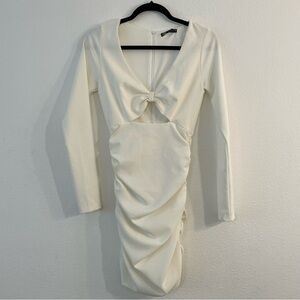 Zara Long Sleeve Cut Out White Mini Dress Ruched Size Small New with tags.
